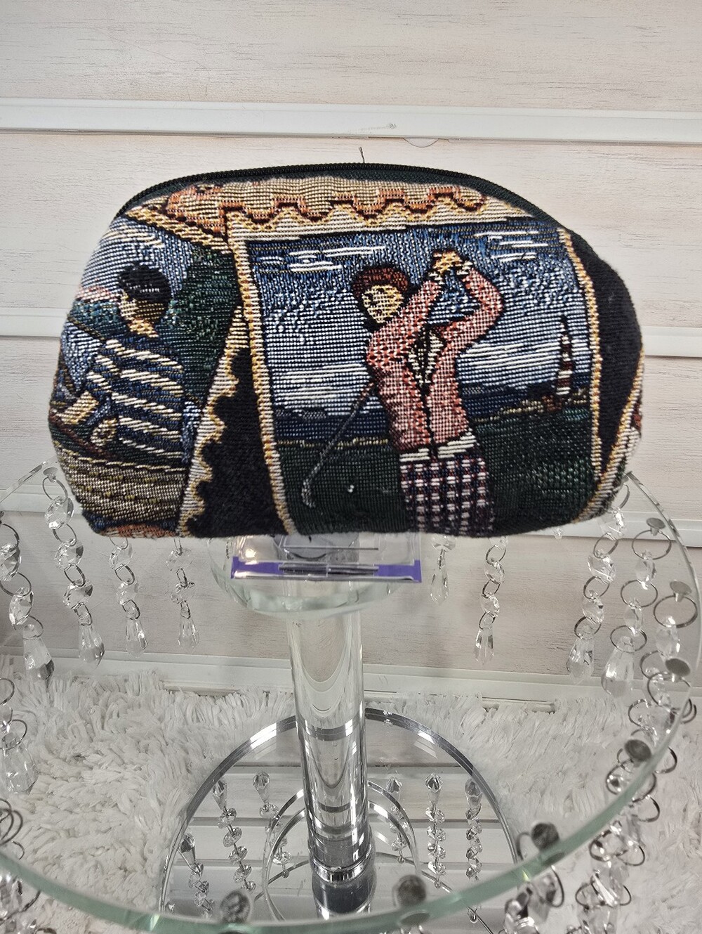 Embroidered Golf Scene Cosmetic Bag in Black and Multicolor